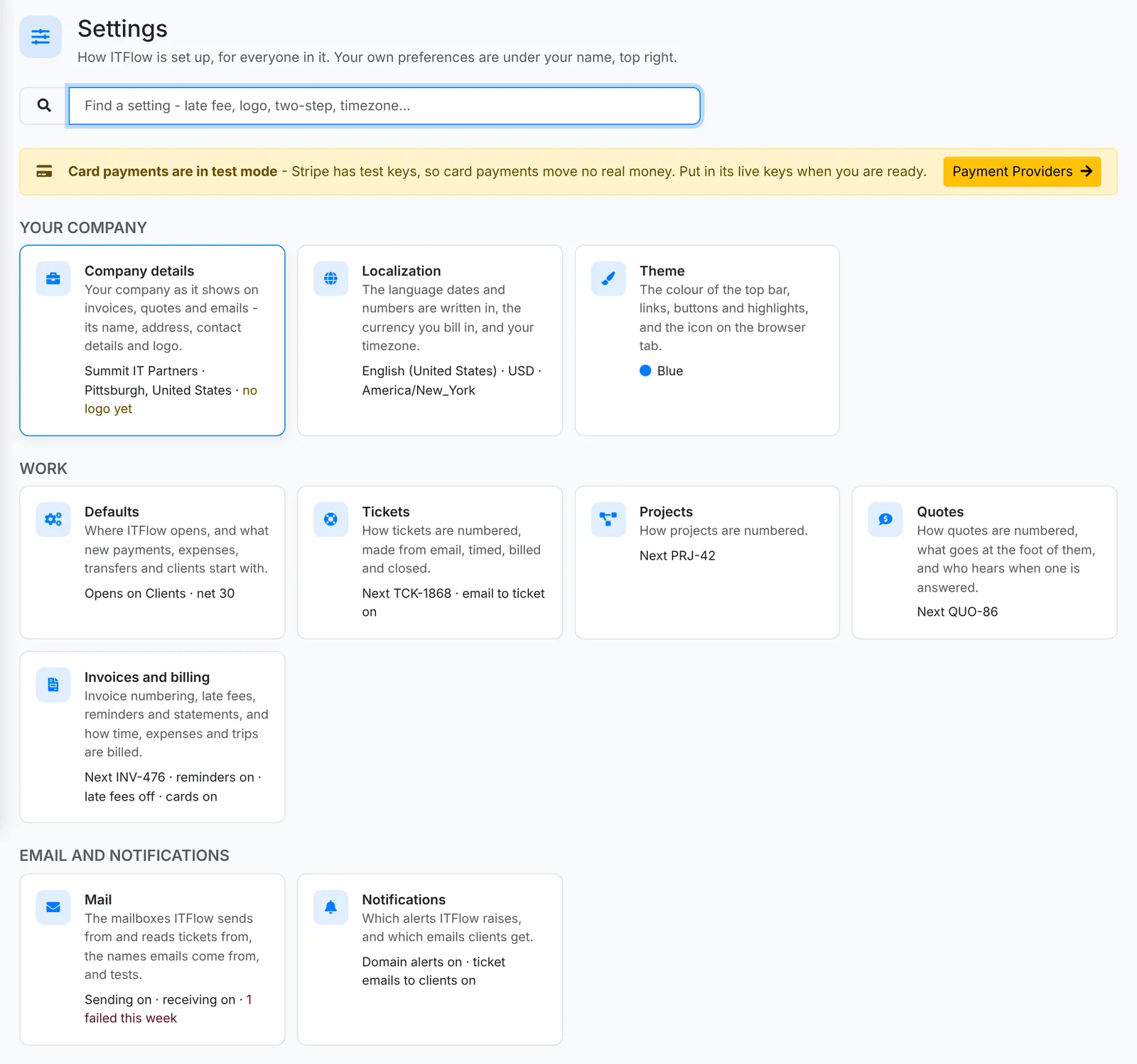 The settings overview