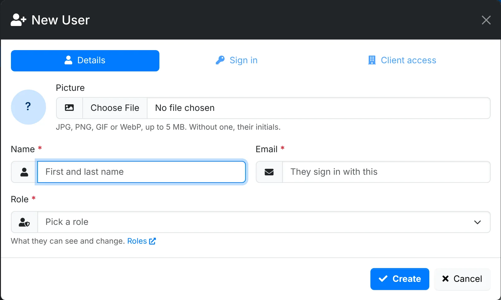 The New User window