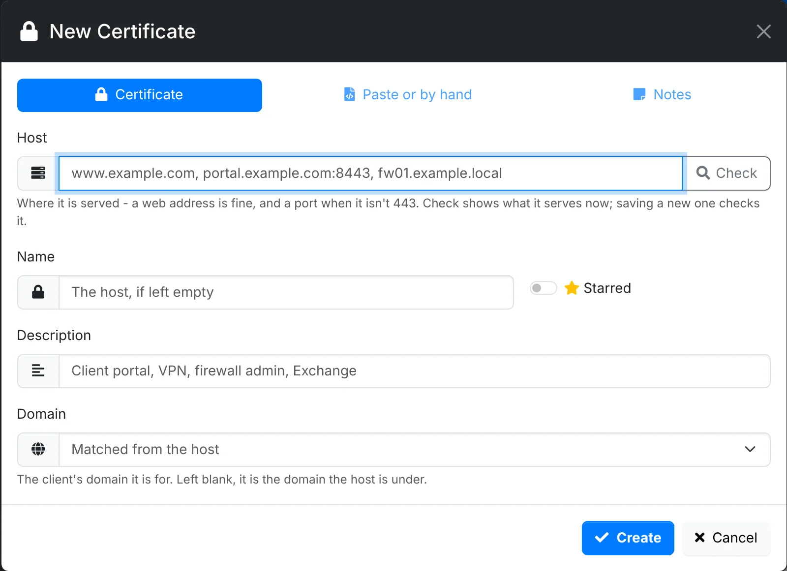 The New Certificate window
