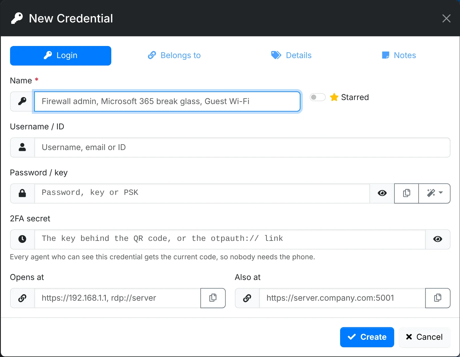 The New Credential window