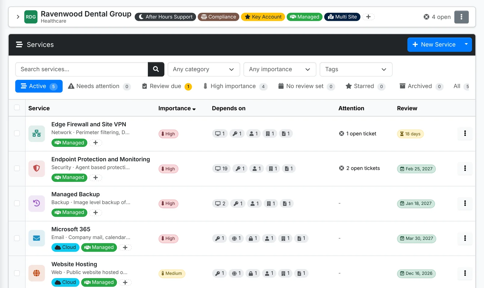 A client's services with importance, what each depends on and when it's next reviewed