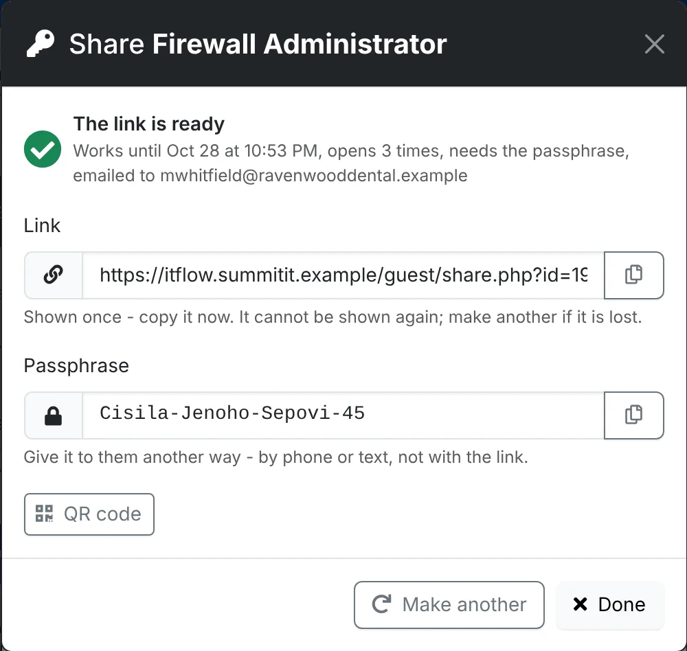 The link is ready, with the link, the passphrase and a QR code button