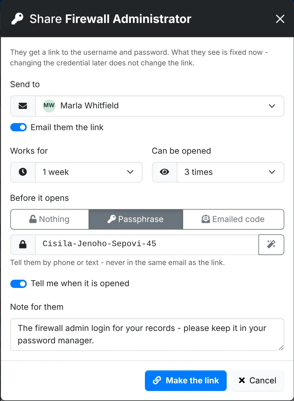 The Share window for a login, filled in to send it to a contact with a passphrase