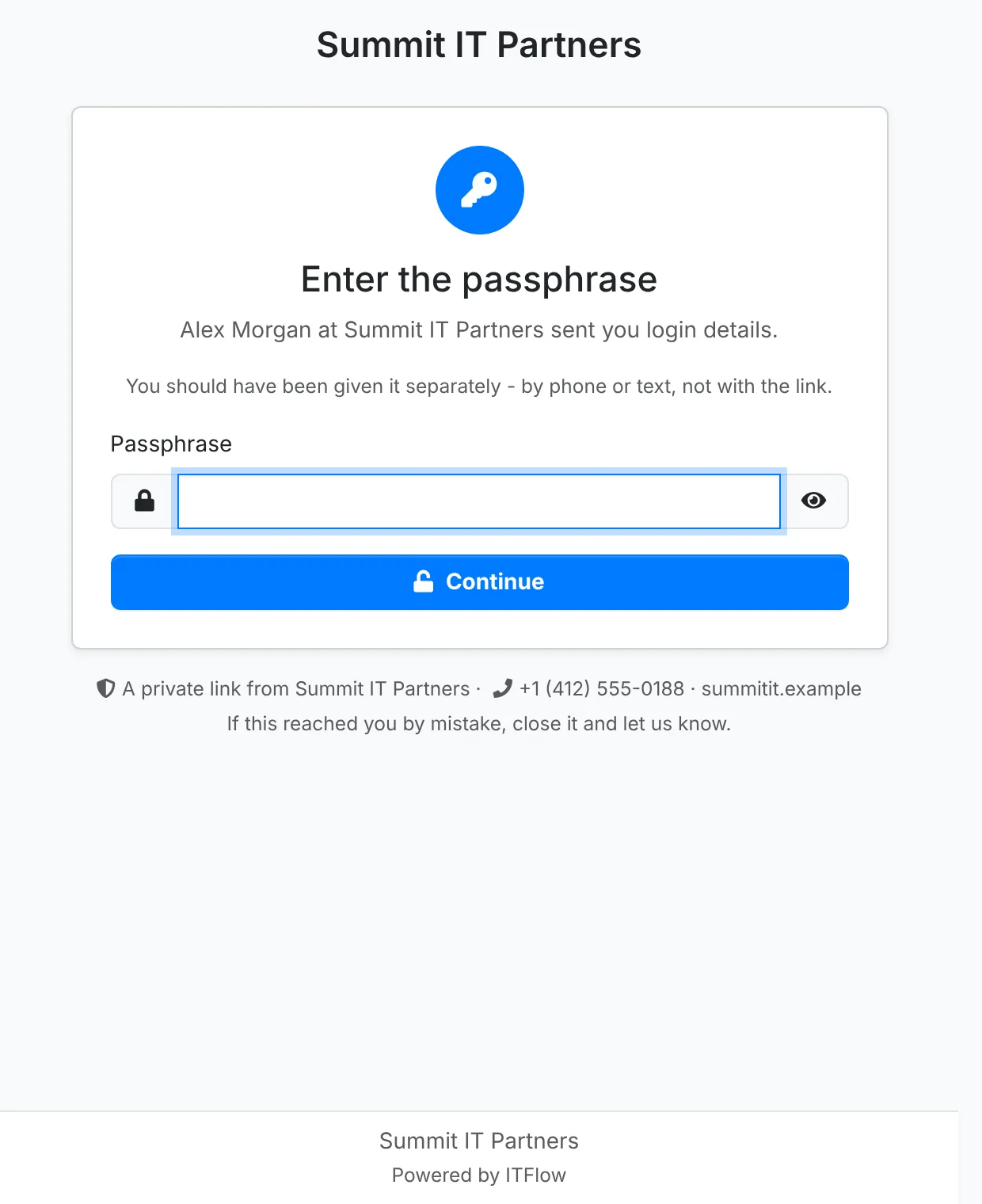 The passphrase page the client sees first