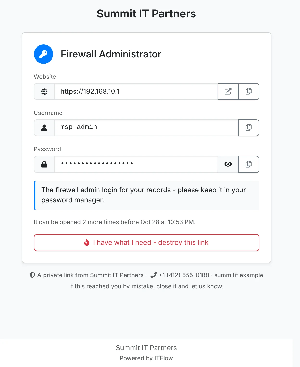 The shared login, with copy buttons and a button to destroy the link