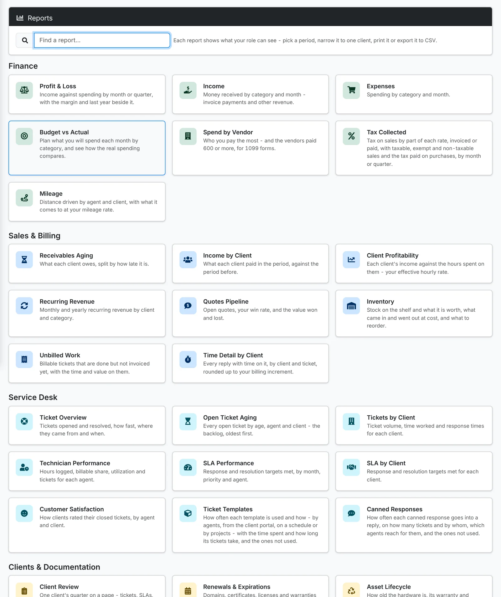 The reports page