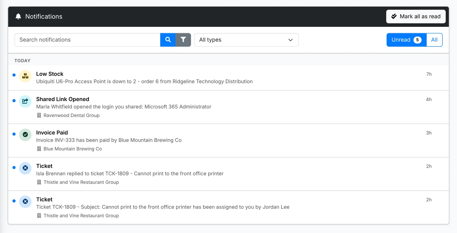 The Notifications page with search, a type filter and Unread and All buttons