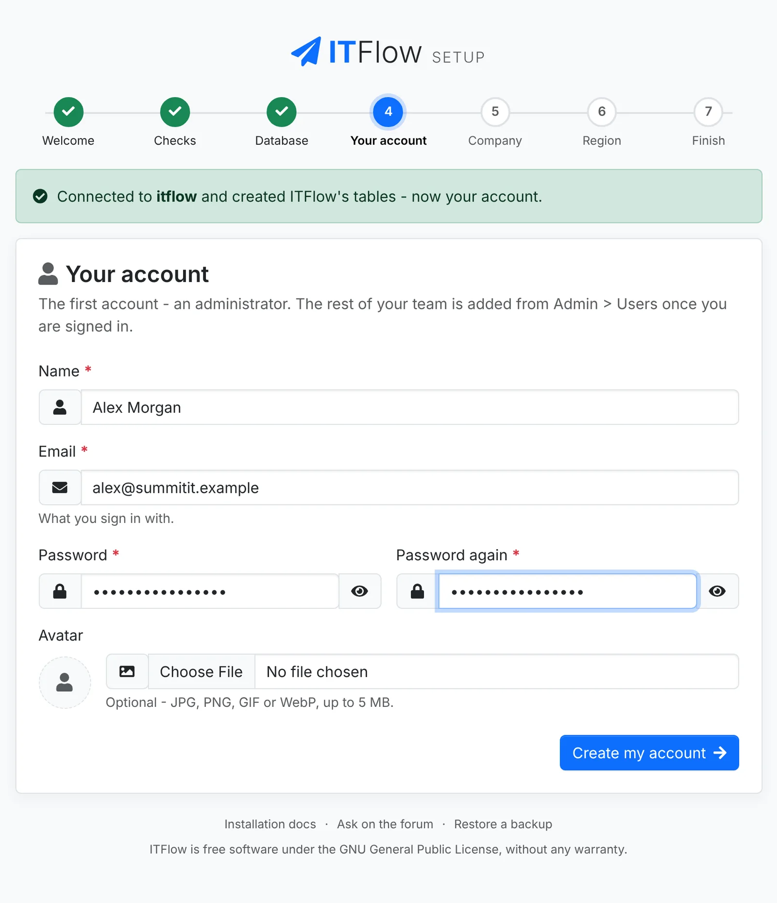 The Your account step, filled in