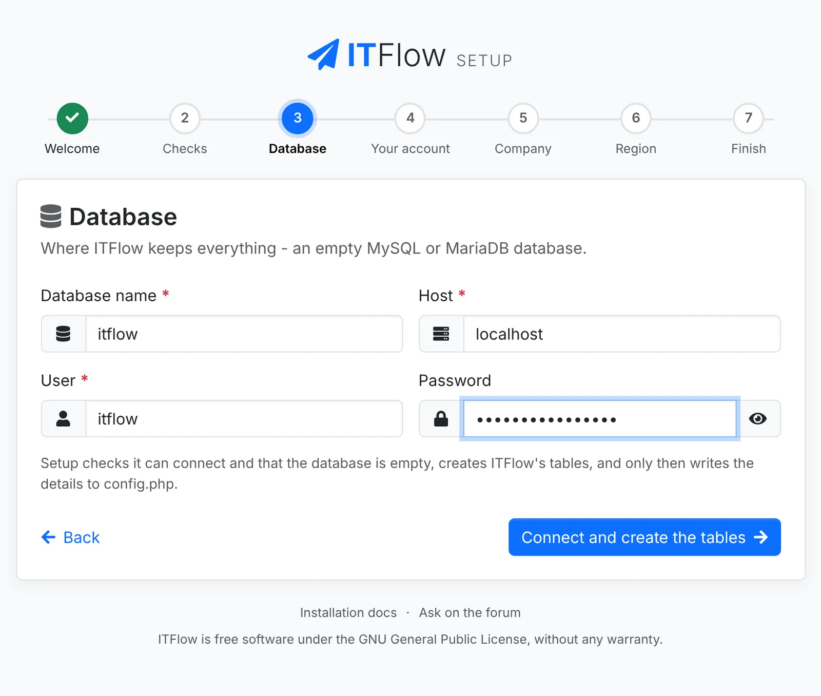 The Database step, filled in