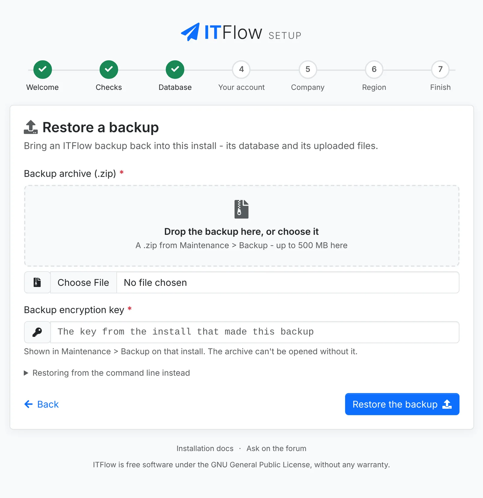 The Restore a backup step