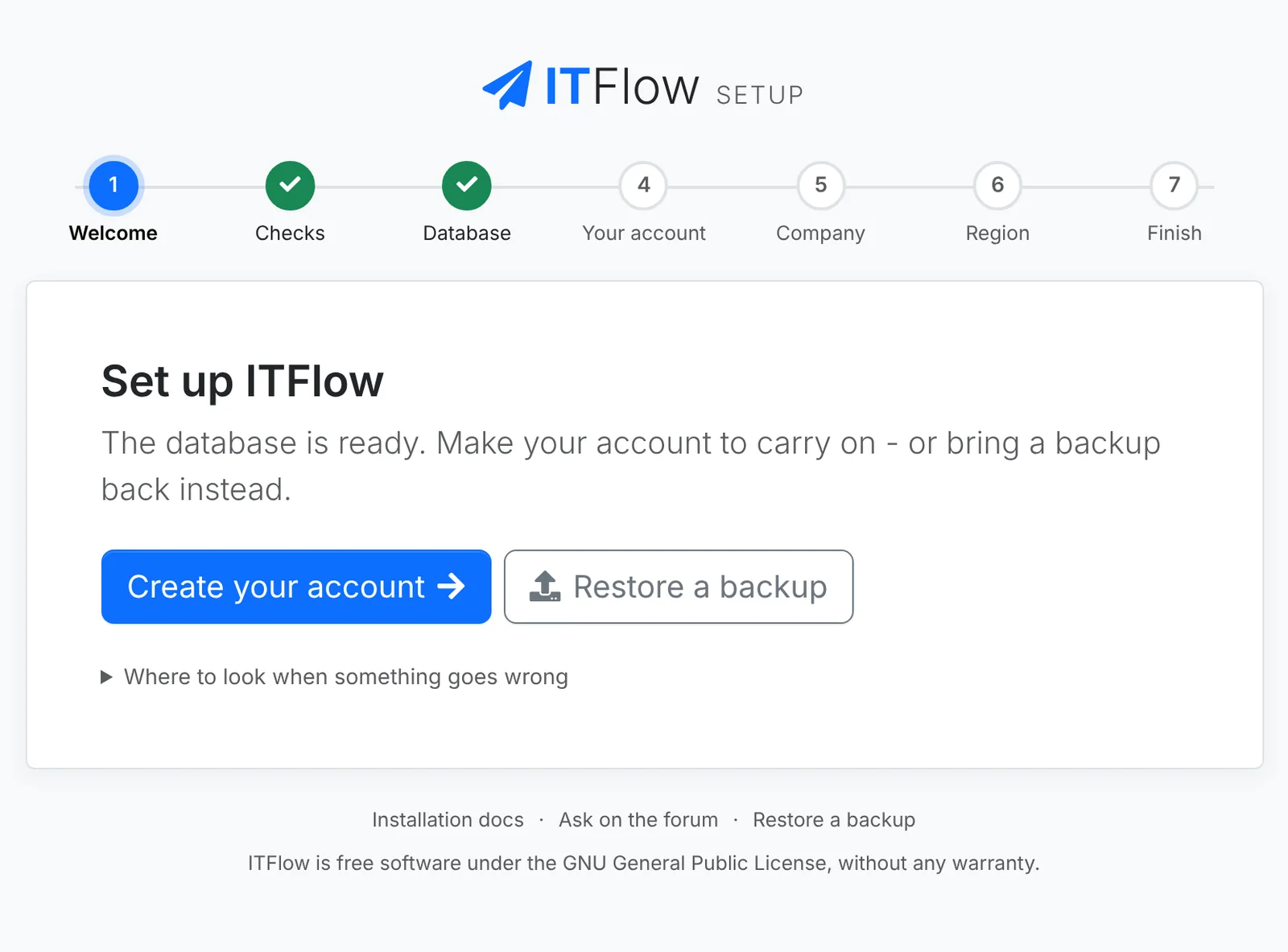 Setup after the install script, ready for an account