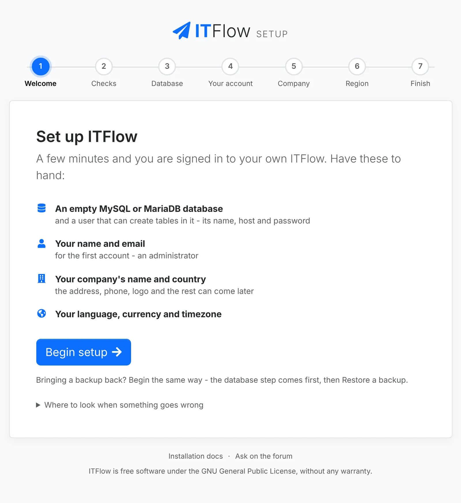 The setup wizard's welcome page