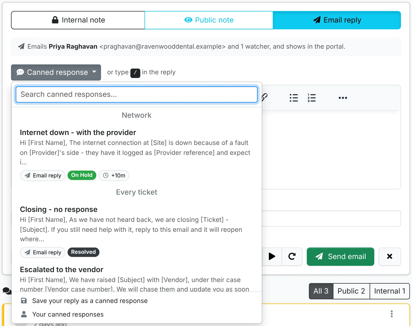 The canned response picker over the reply box