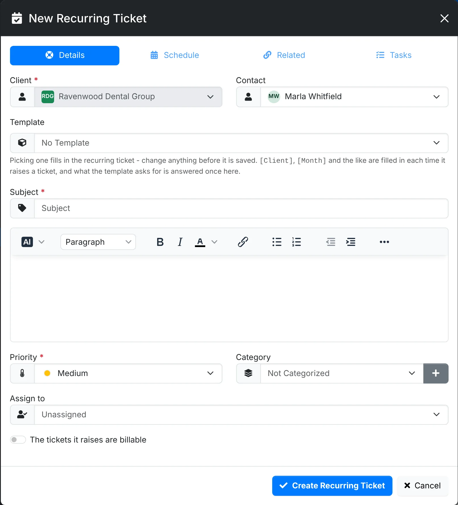 The New Recurring Ticket window